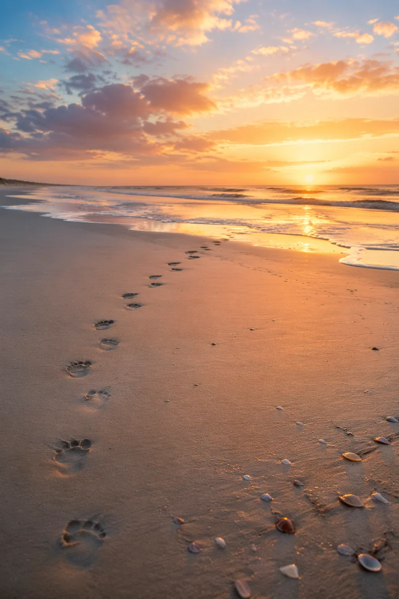 Sunrise Footprints Across Peaceful Beach Sand