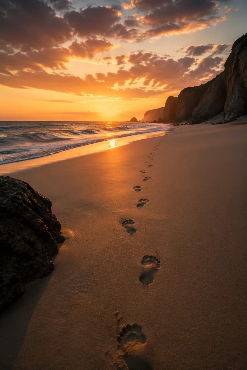 Footprints on Sandy Beach at Sunrise