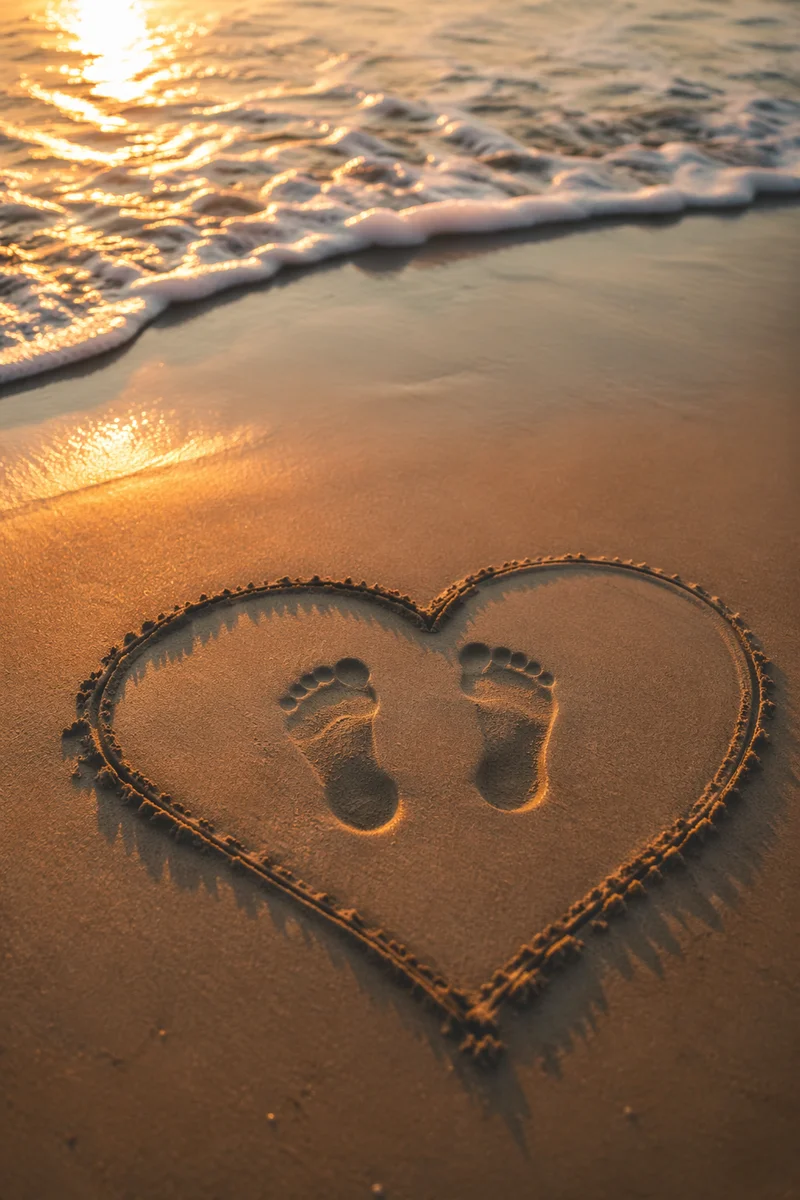 Footprints in Sand at Sunrise Heart
