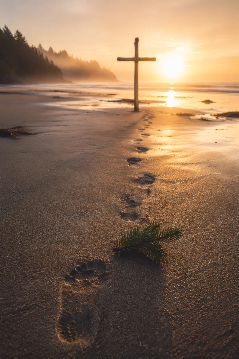 Footprints Toward Cross at Beach Sunrise