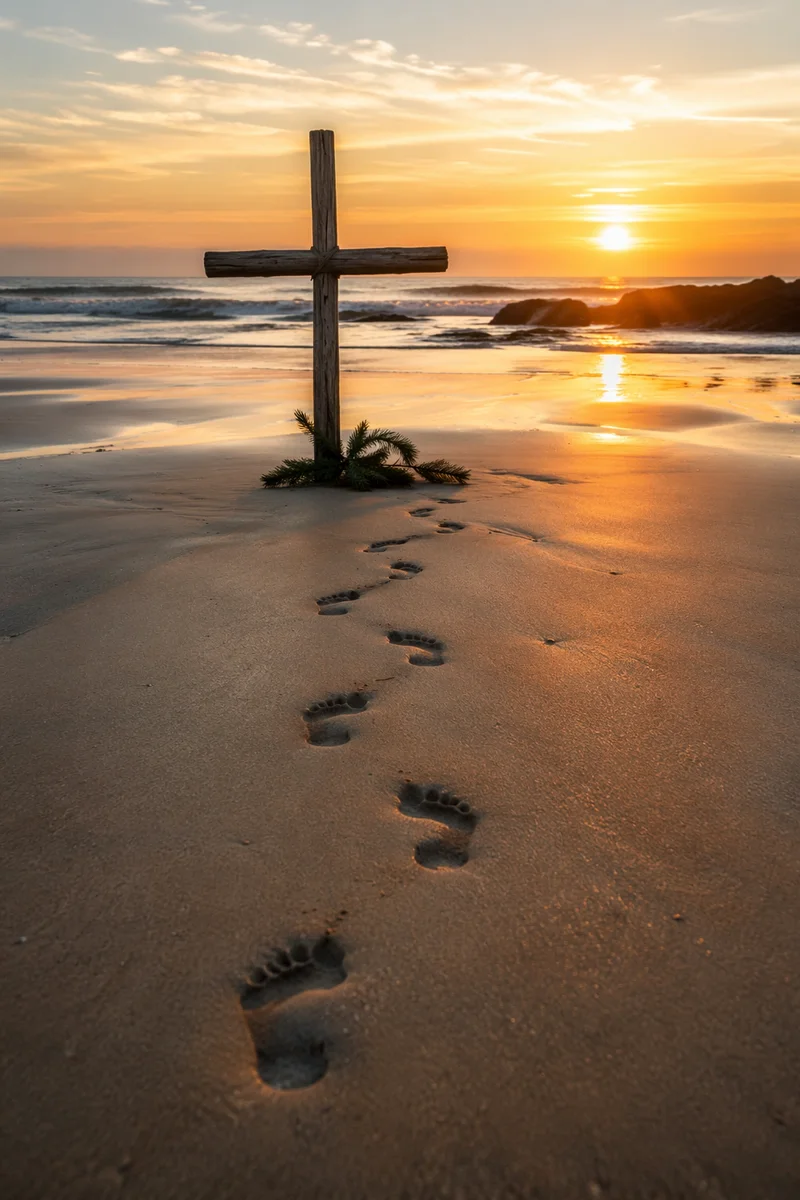 Footprints to Driftwood Cross at Sunrise