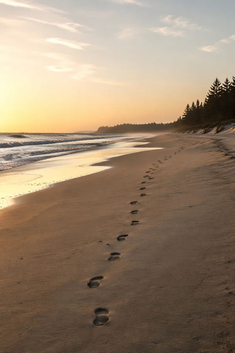 Sunrise Footprints on Evergreen Coastal Beach