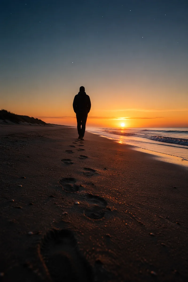 Footprints Toward Sunrise on Quiet Beach