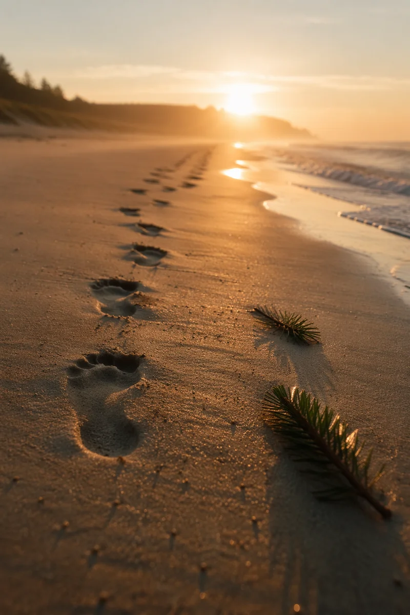 Footprints in Sand at Peaceful Beach Sunrise