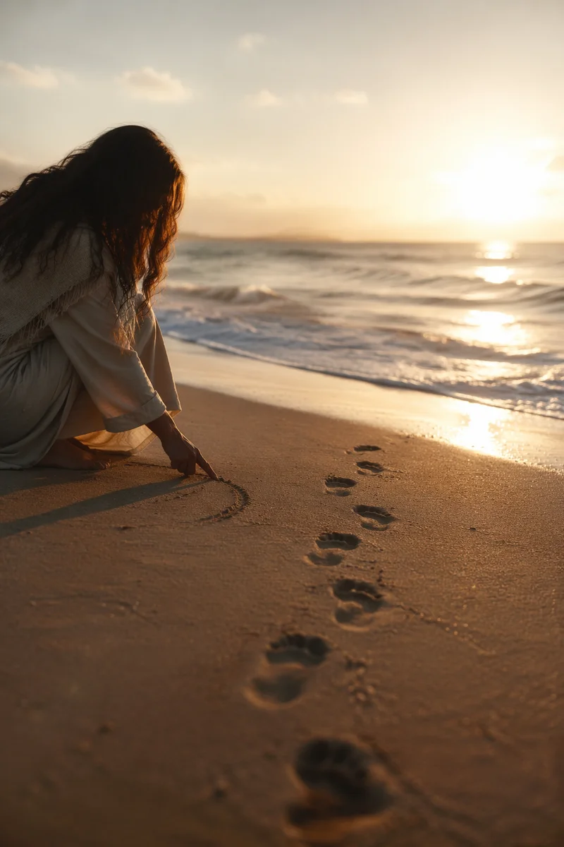 Footprints in Sand at Beach Sunrise