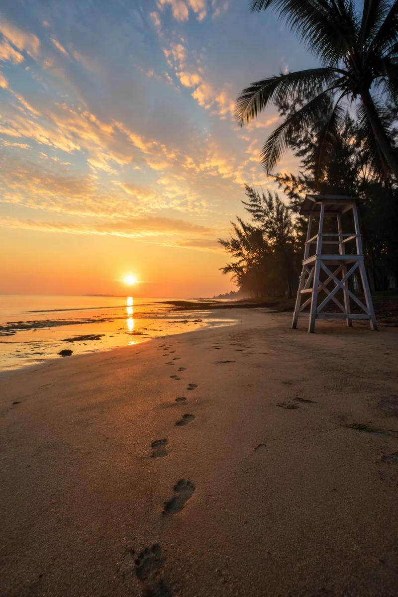 Footprints Toward Sunrise on Serene Beach