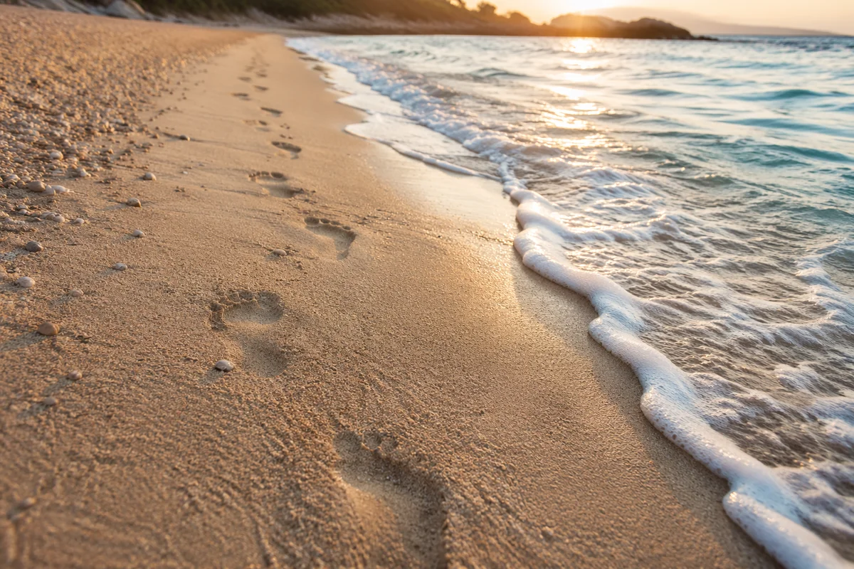 Footprints in Sand at Peaceful Sunrise