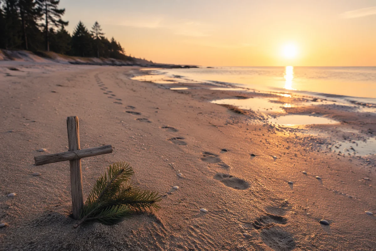 Footprints to Sunrise with Driftwood Cross