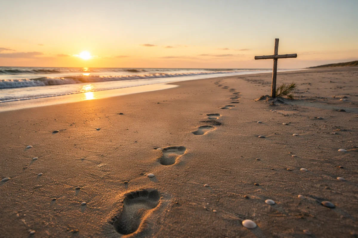 Footprints Leading to Driftwood Cross at Sunrise