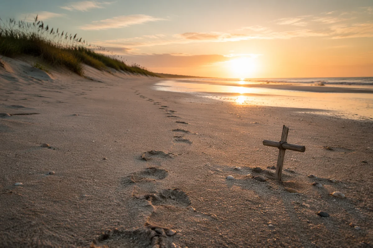 Footprints Leading to Sunrise Cross