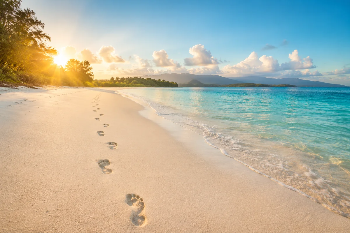 Footprints on Tropical Beach at Sunrise