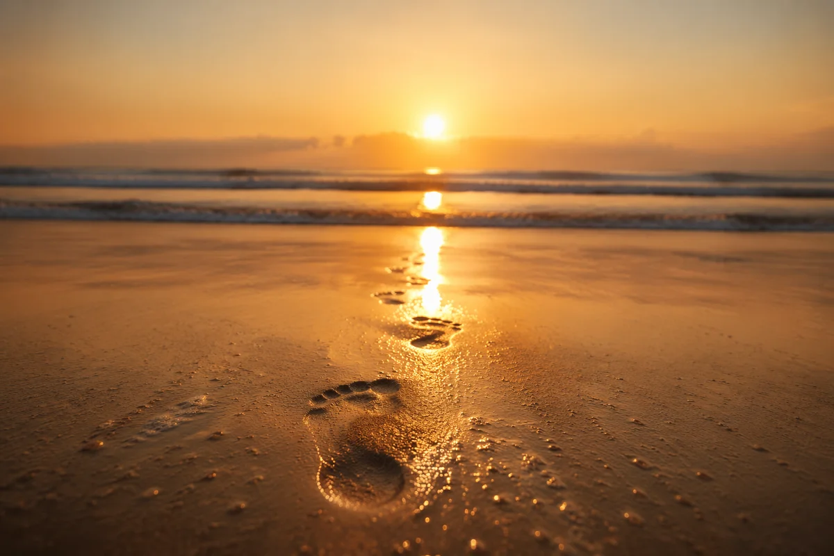 Footprints in Wet Sand at Sunrise