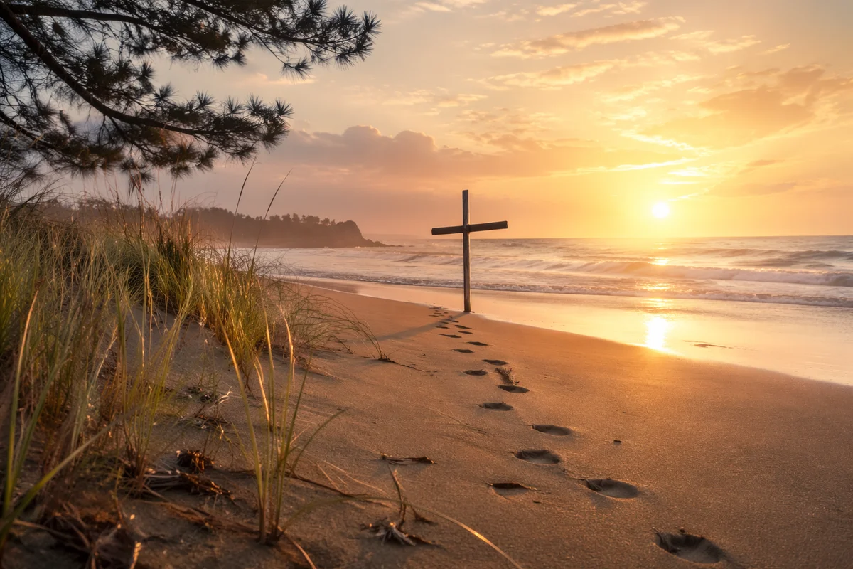 Footprints Leading to Driftwood Cross at Sunrise