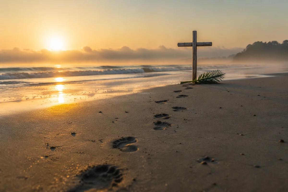 Footprints Leading to Driftwood Cross at Sunrise
