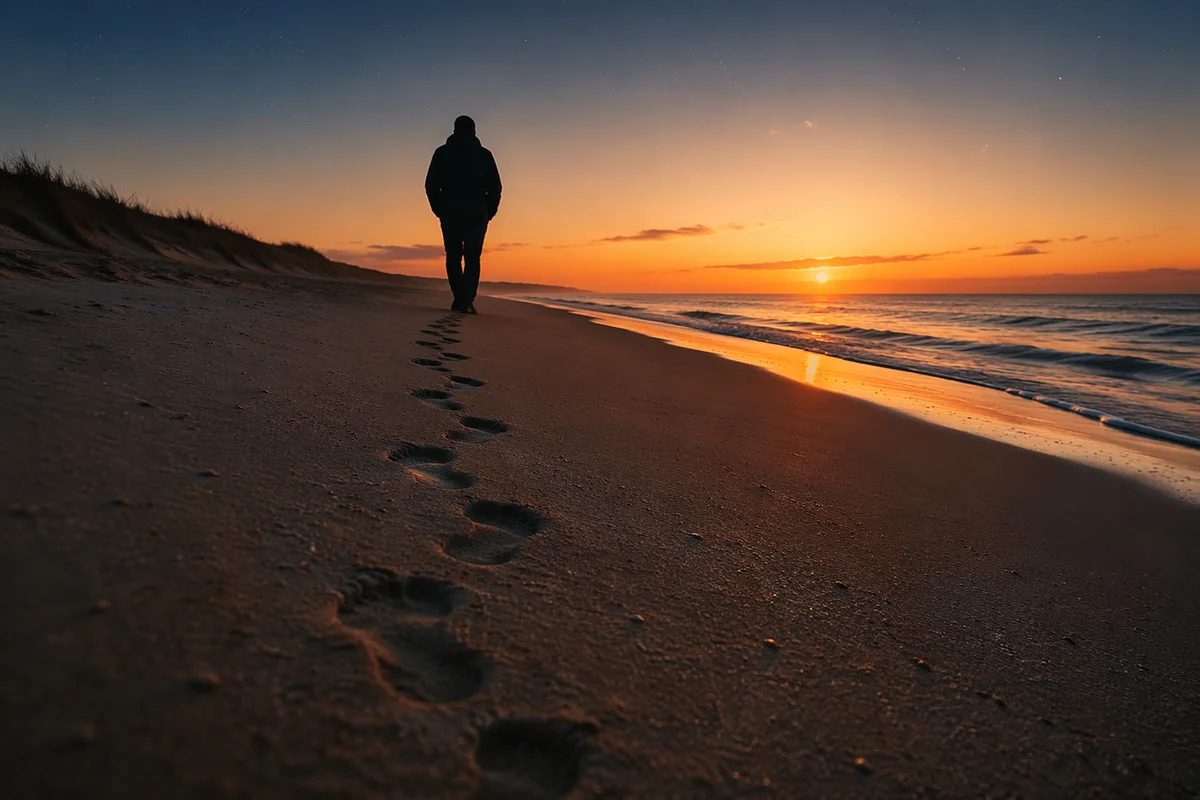 Footprints at Sunrise on Quiet Beach