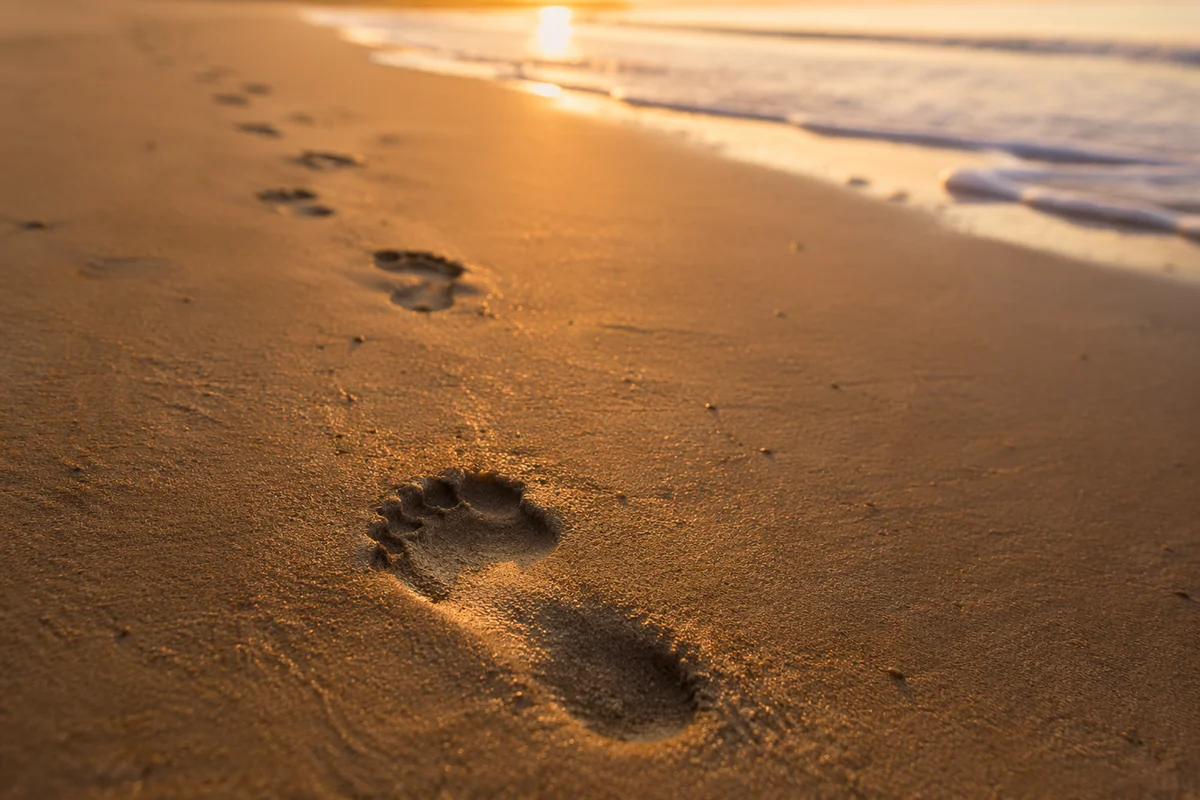 Footprints in Golden Sand at Sunrise