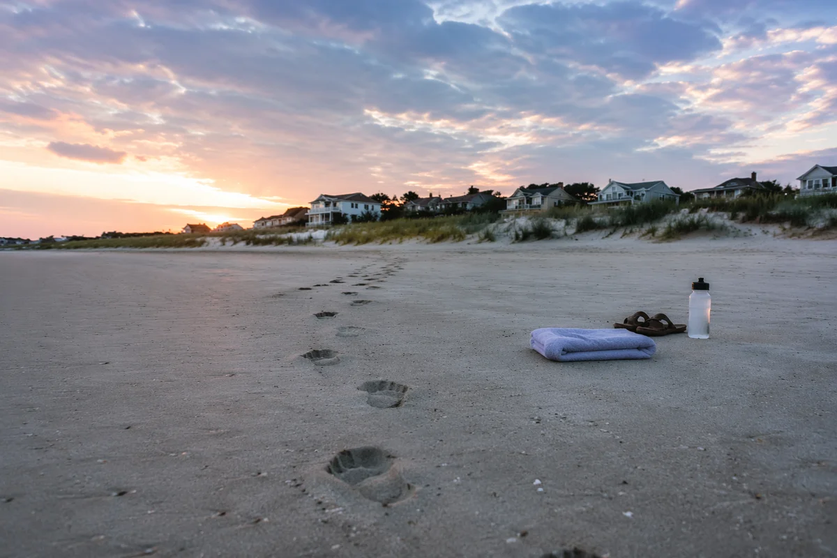 Footprints on Quiet Beach at Sunrise