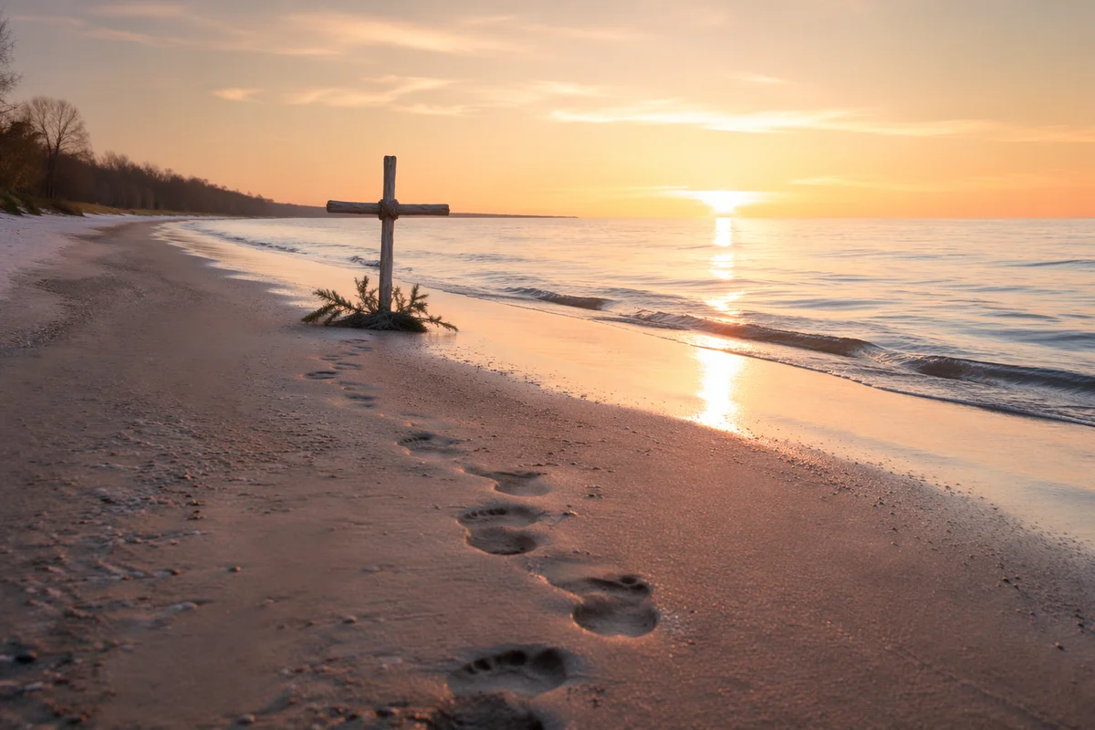 Footprints Leading to Beach Cross at Sunrise