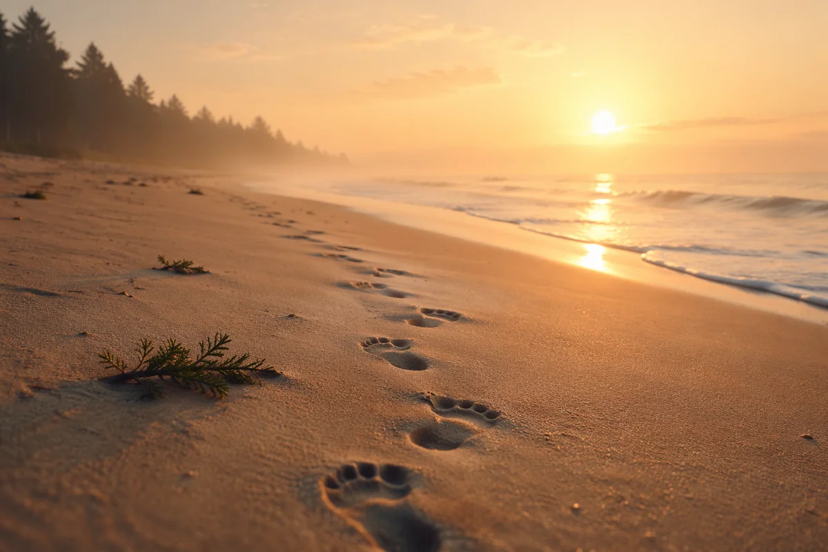 Footprints in Sand at Peaceful Sunrise