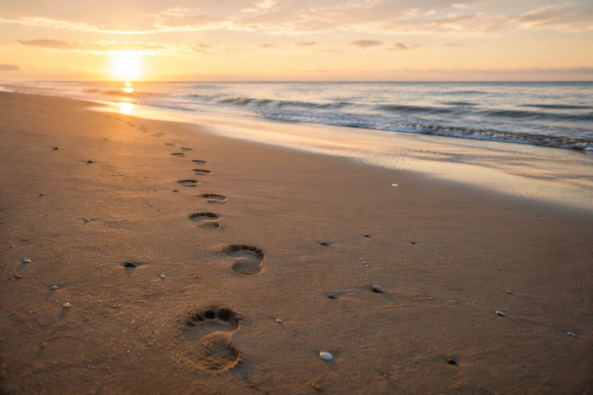 Footprints Leading Toward Sunrise on Quiet Beach
