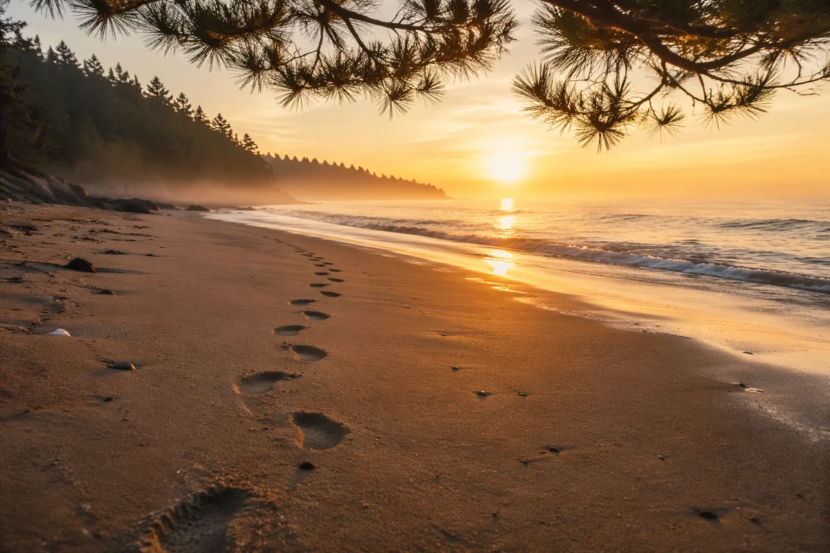 Footprints Toward Sunrise on Peaceful Beach