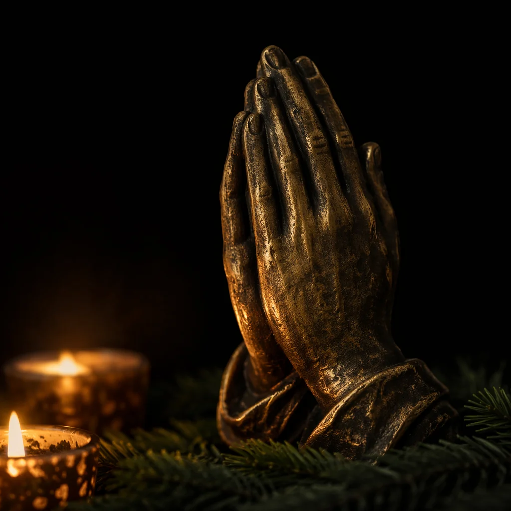 Candlelit Bronze Praying Hands with Evergreen