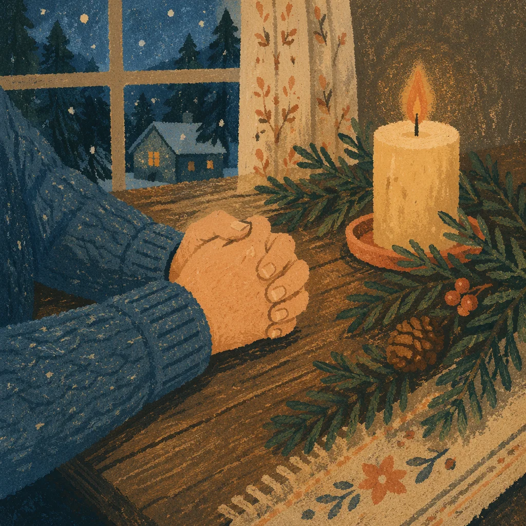 Candlelit Prayer Hands with Evergreen Sprigs