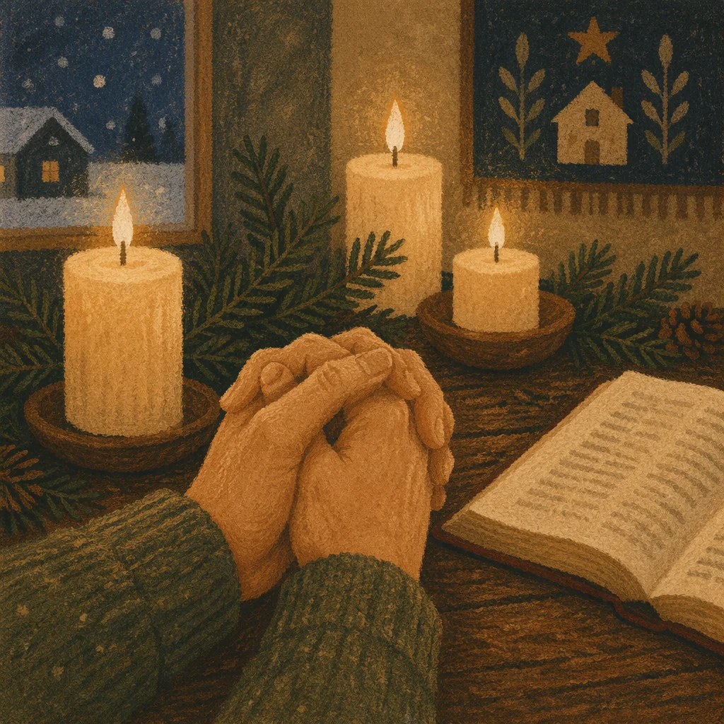 Candlelit Prayer Hands with Evergreen Sprigs