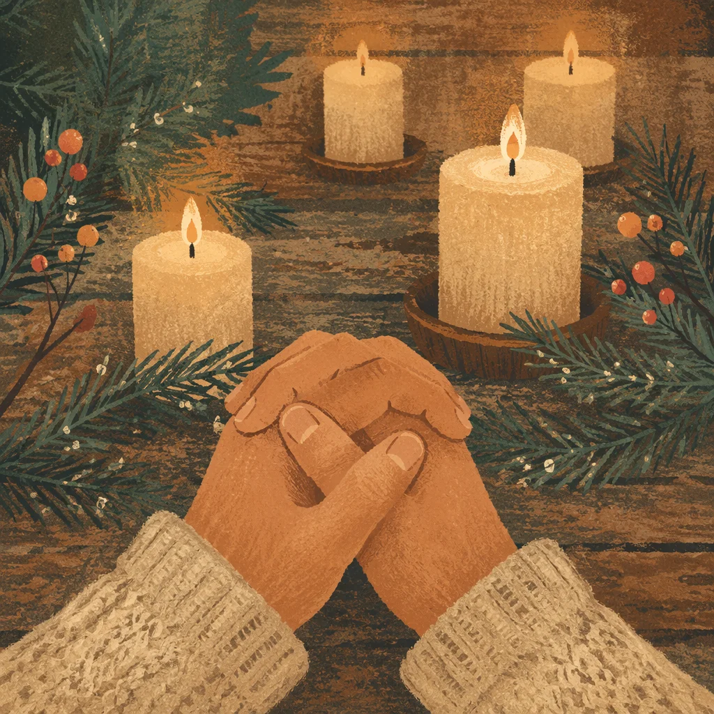 Folded Hands in Evergreen Candlelight Prayer