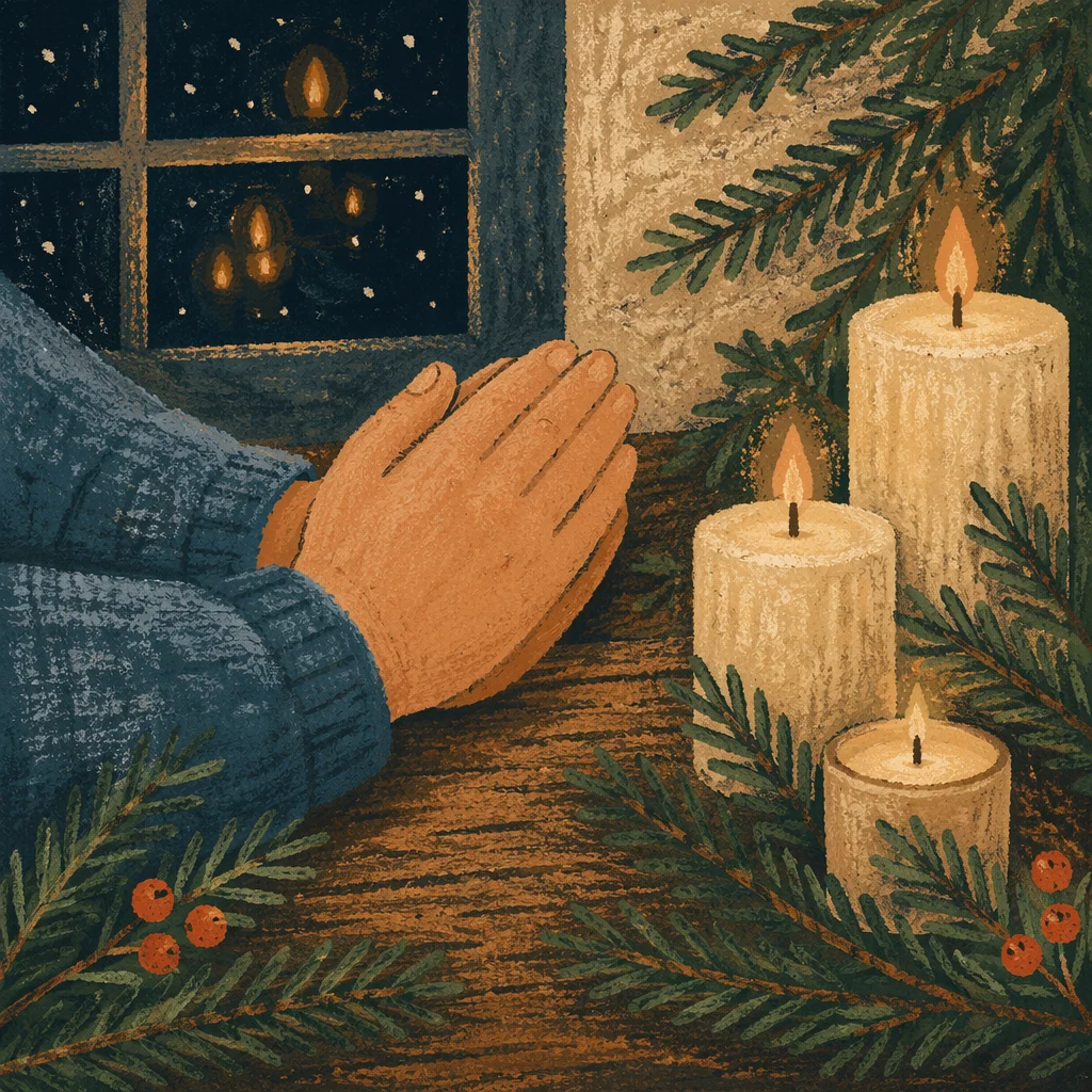 Candlelit Prayer Hands with Evergreen Sprigs
