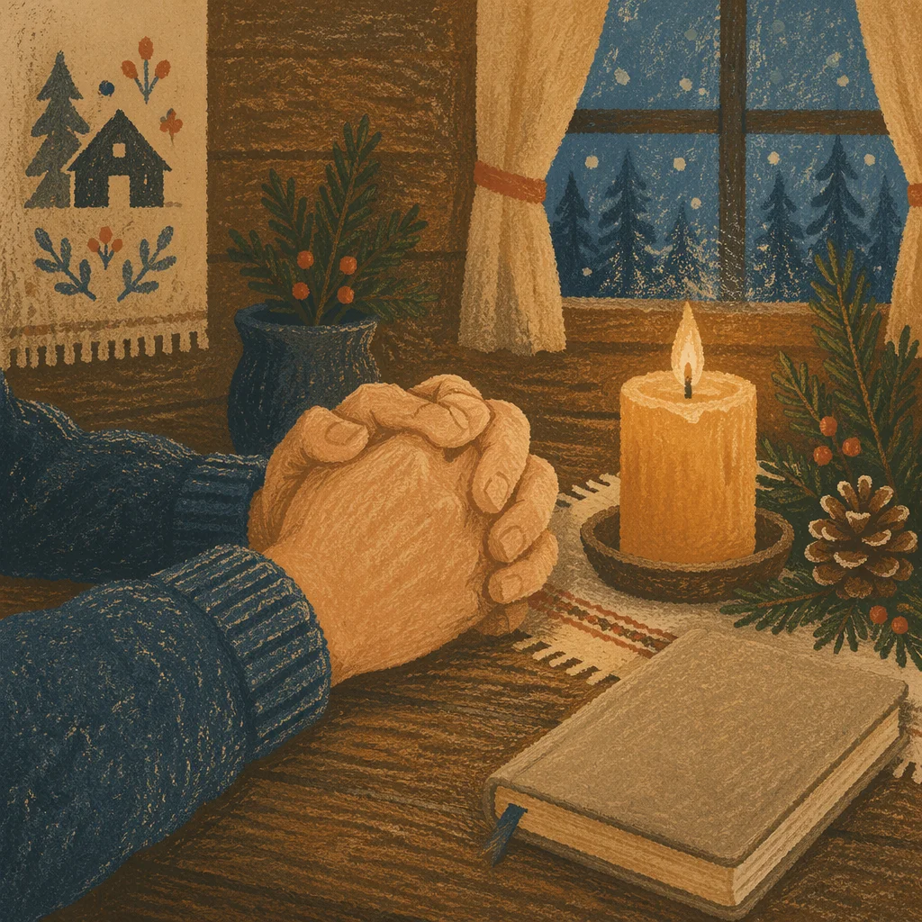 Candlelit Prayer Hands with Evergreen Sprigs