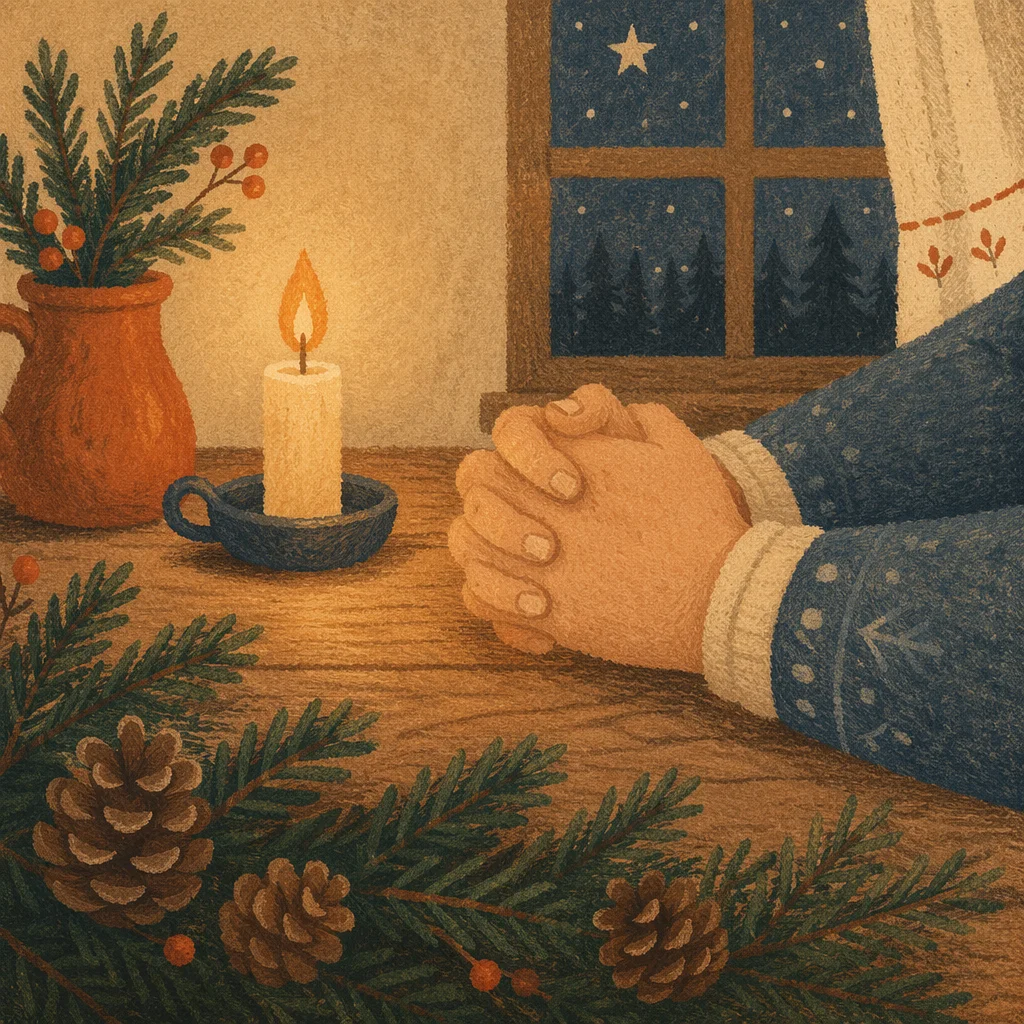 Folded Prayer Hands by Evergreen Candlelight