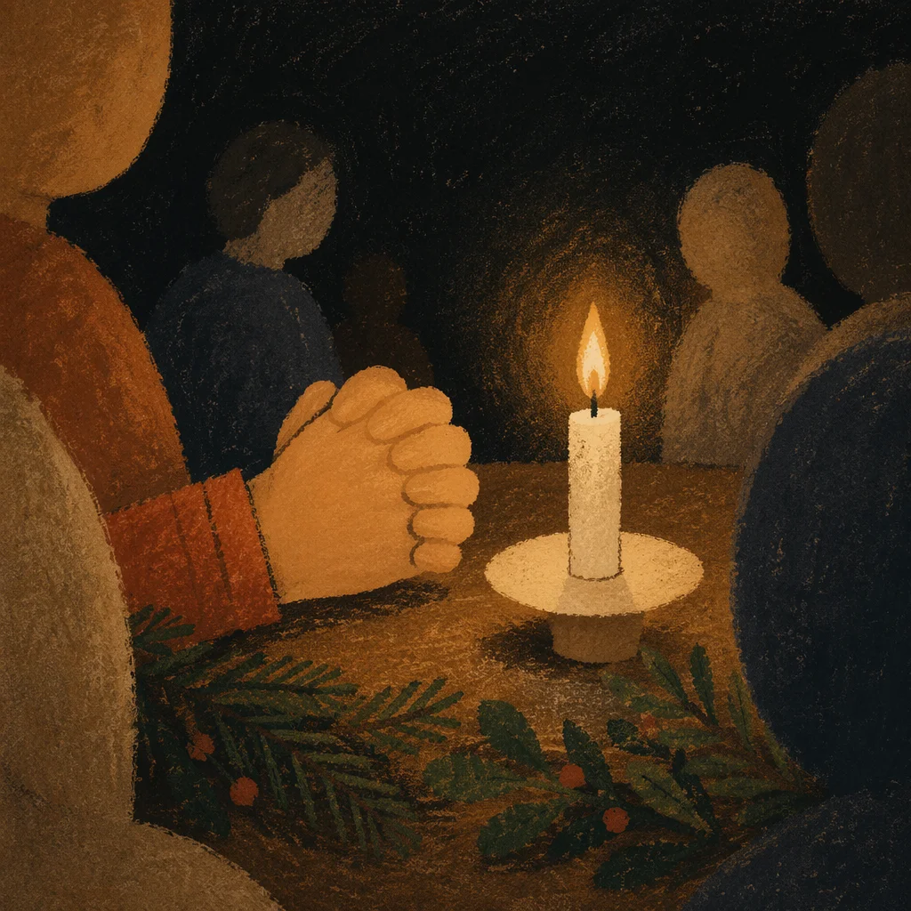 Candlelit Folded Hands in Evergreen Prayer