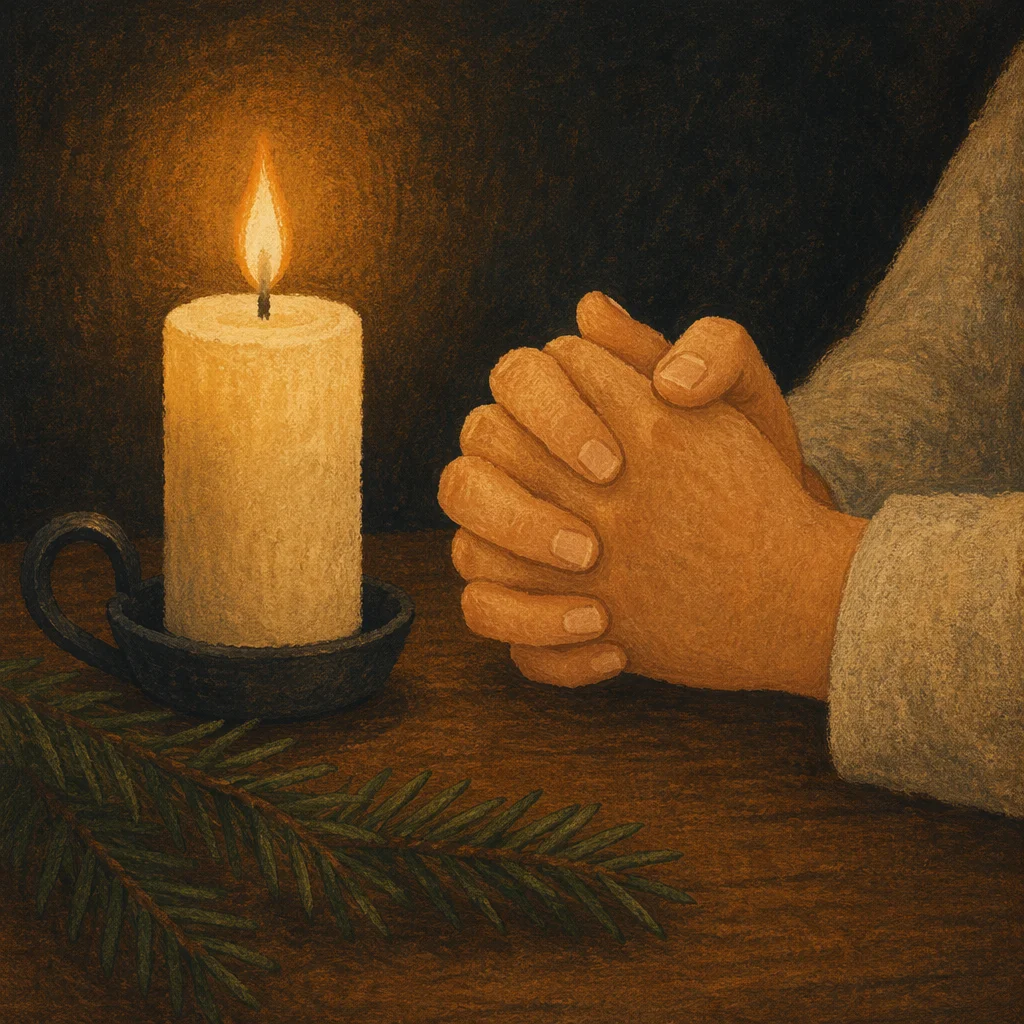 Candlelit Praying Hands with Evergreen Sprig