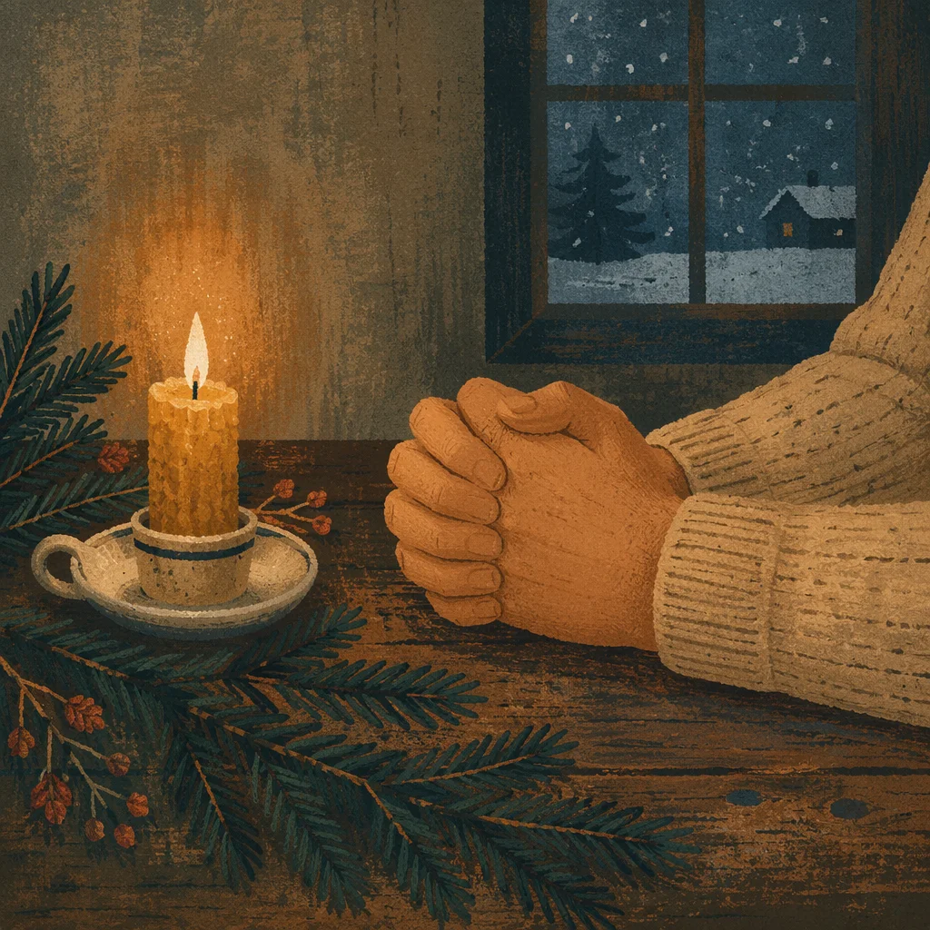 Candlelit Praying Hands with Evergreen Sprigs