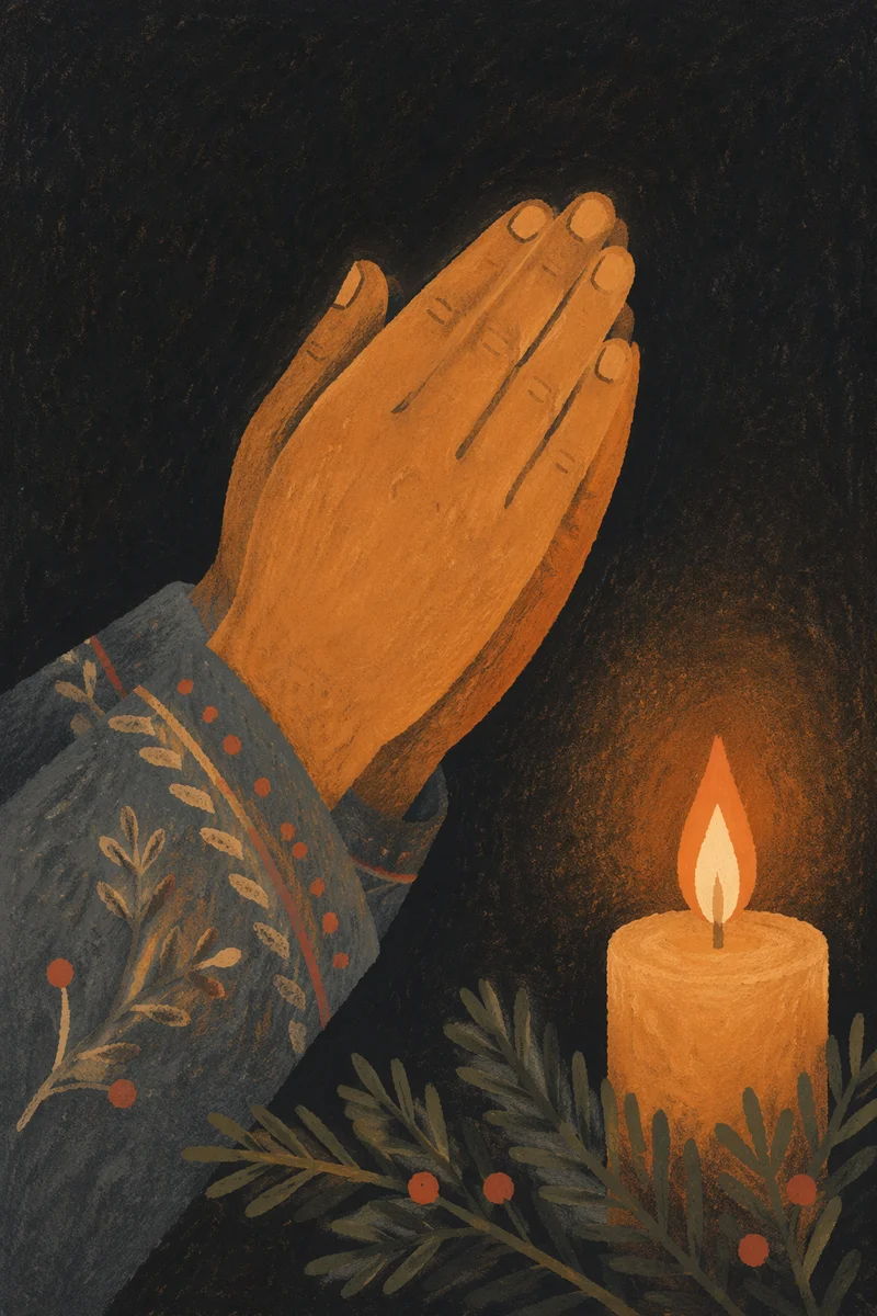 Candlelit Praying Hands with Evergreen Sprigs