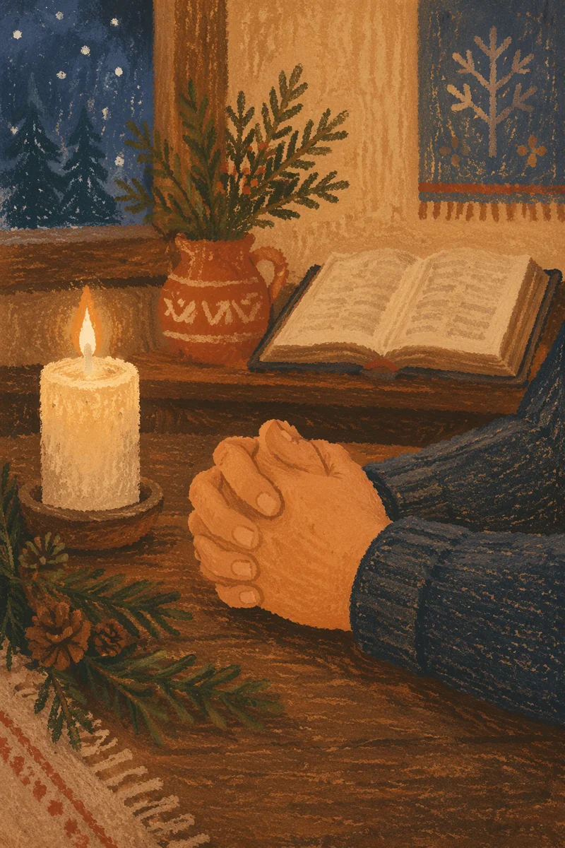 Candlelit Prayer Hands with Evergreen Sprigs