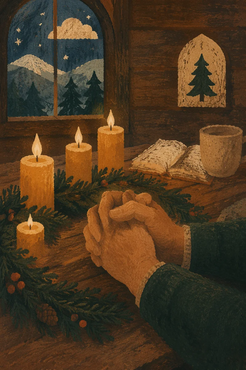 Candlelit Prayer Hands with Evergreen Wreath