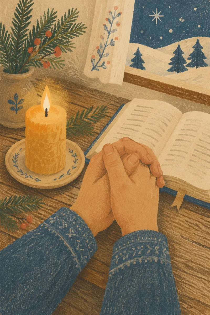 Candlelit Praying Hands with Evergreen Sprigs