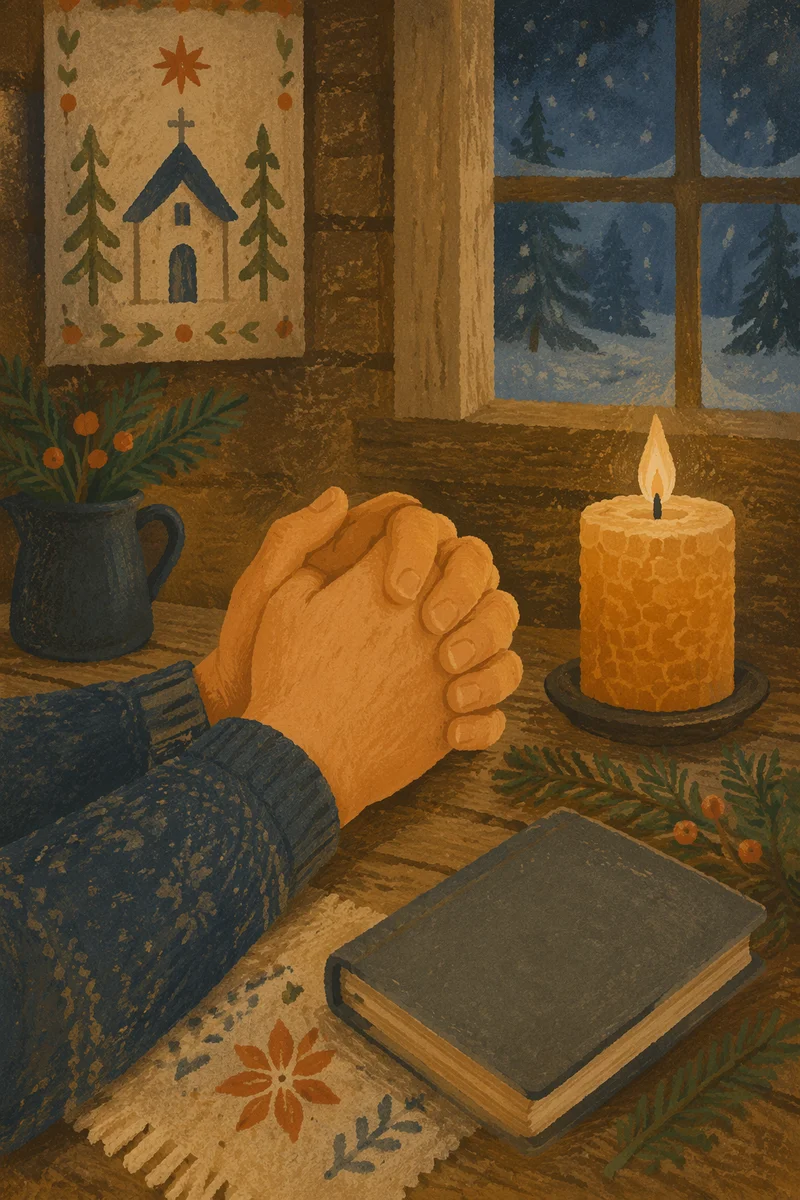 Candlelit Prayer Hands with Evergreen Sprigs