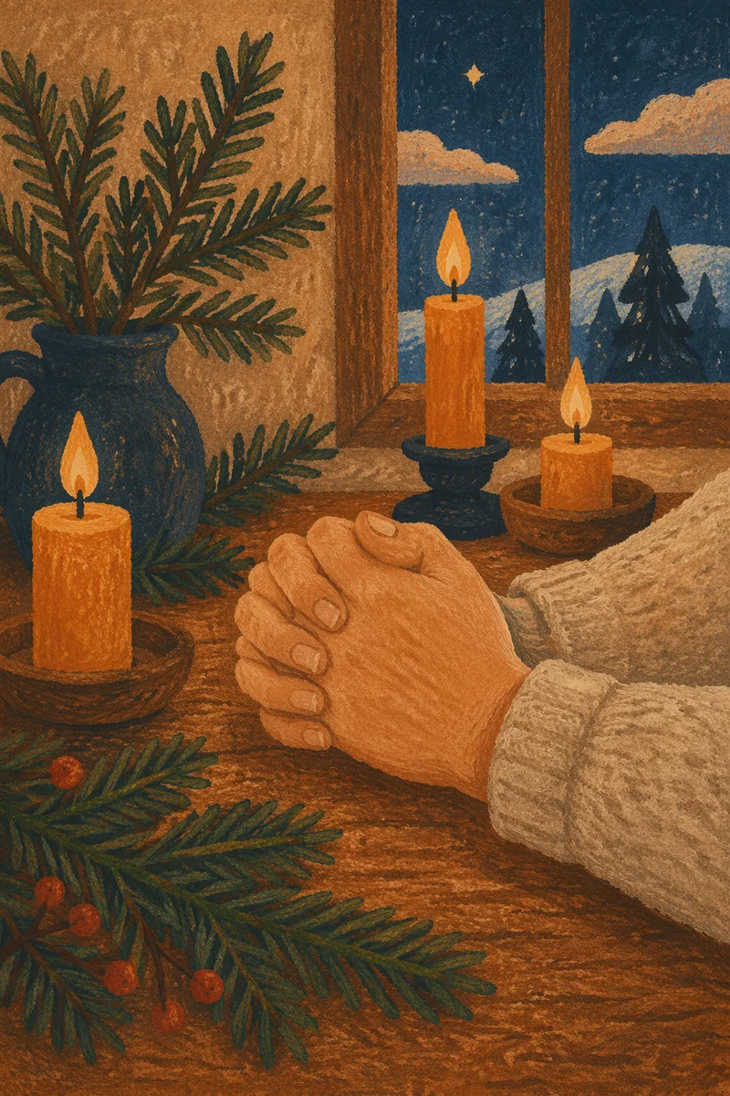 Candlelit Prayer Hands with Evergreen Sprigs