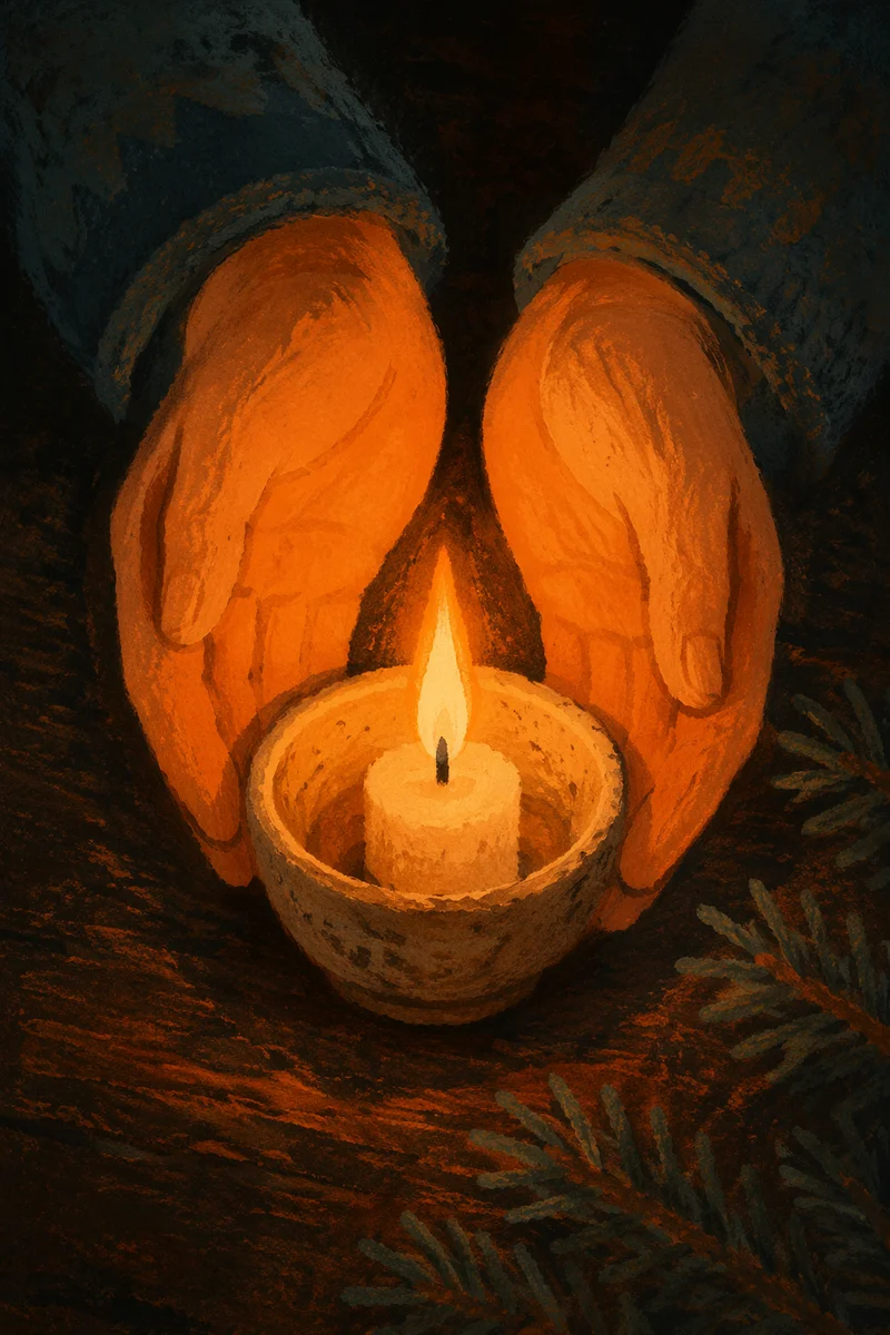 Candlelit Praying Hands With Evergreen Sprigs
