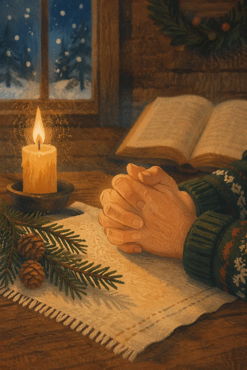 Folded Prayer Hands by Evergreen Candlelight
