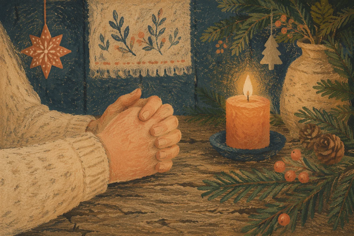 Candlelit Prayer Hands with Evergreen Sprigs