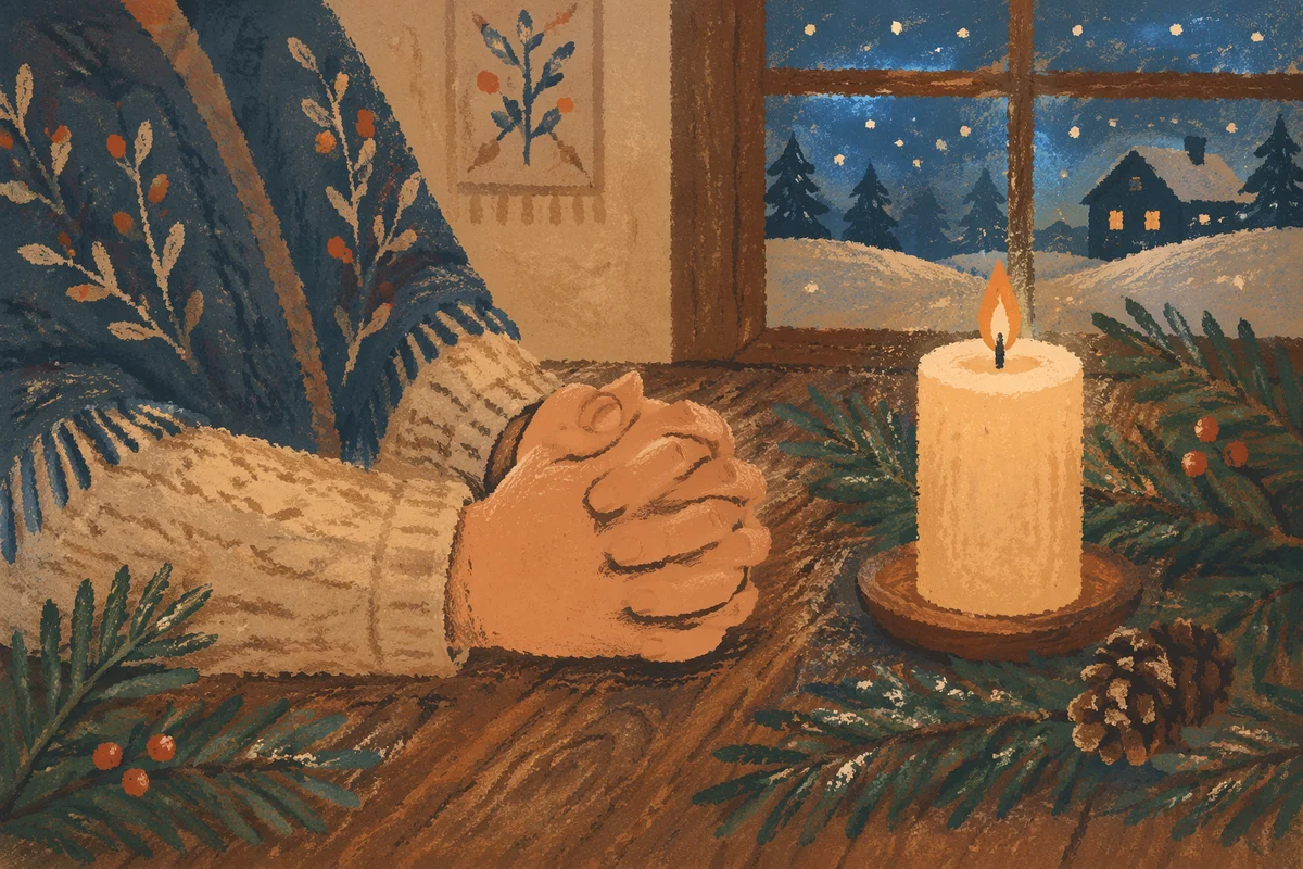 Candlelit Prayer Hands with Evergreen Sprigs