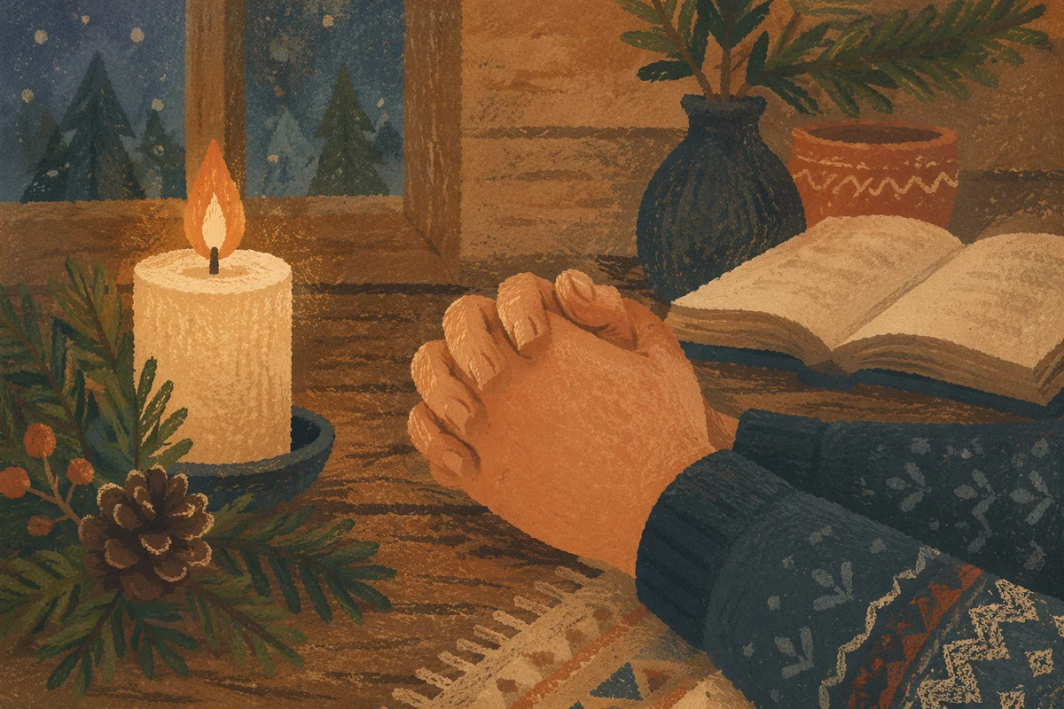 Candlelit Prayer Hands with Evergreen Sprigs