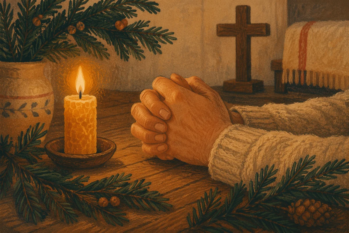 Candlelit Praying Hands with Evergreen Sprigs