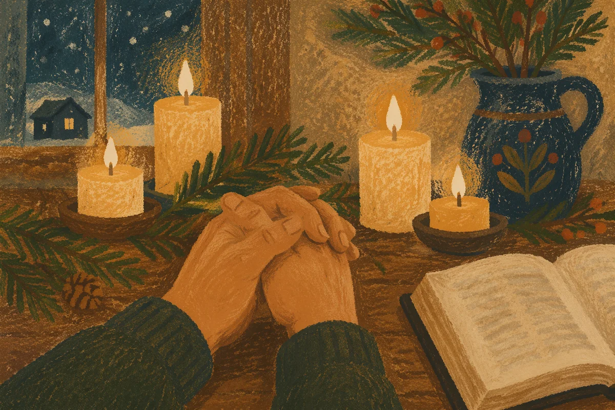 Candlelit Prayer Hands with Evergreen Sprigs