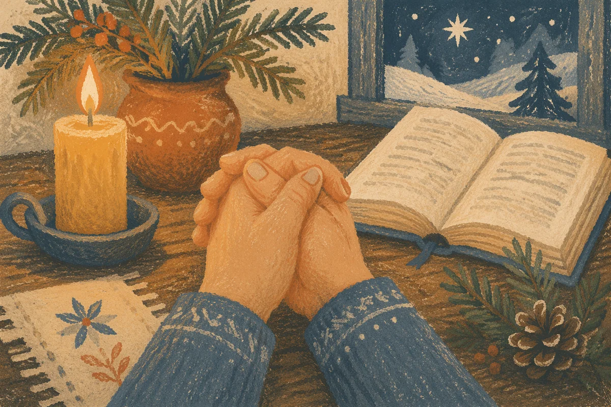 Praying Hands by Candlelight with Evergreen