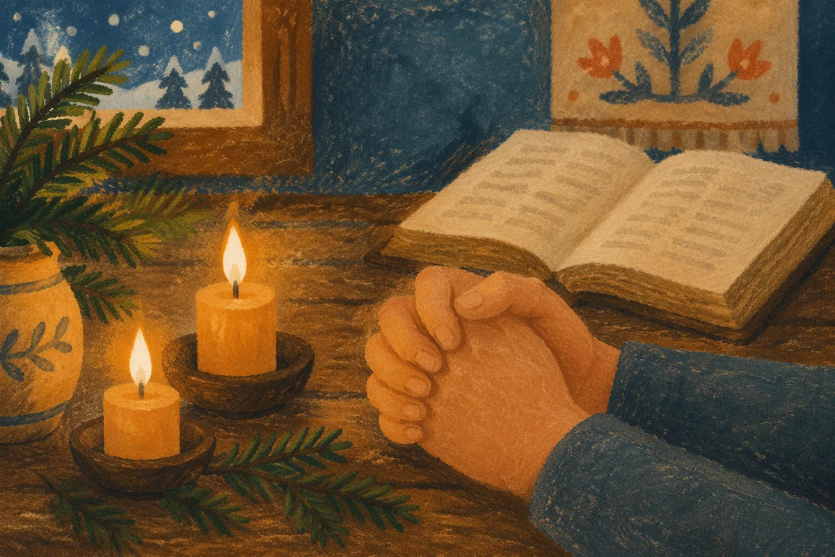 Candlelit Prayer Hands with Evergreen Sprigs